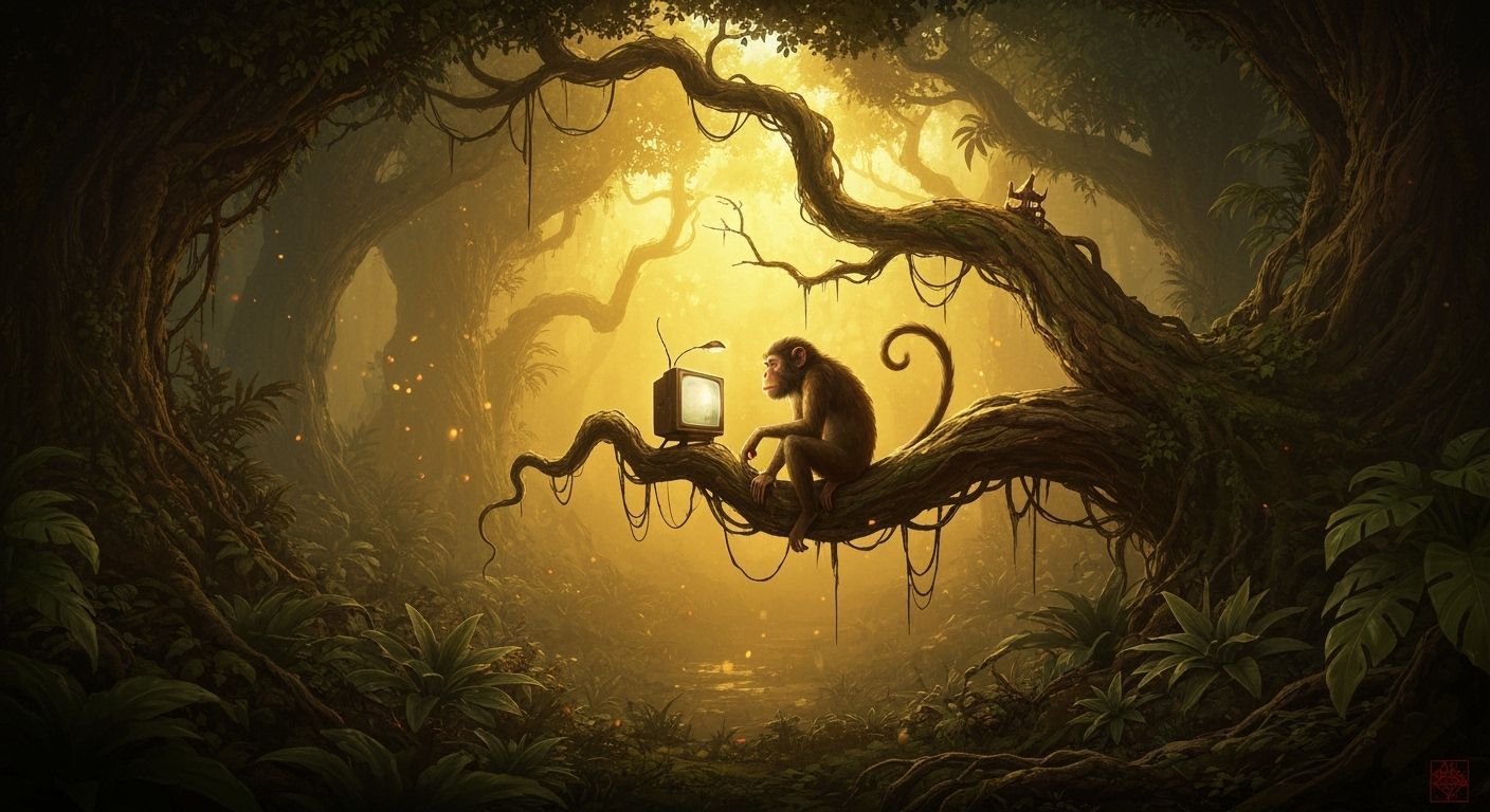 A monkey in a tree watching TV on a limb, jungle, a masterpiece, 8k resolution, dark fantasy concept ...  by @Ed Evans