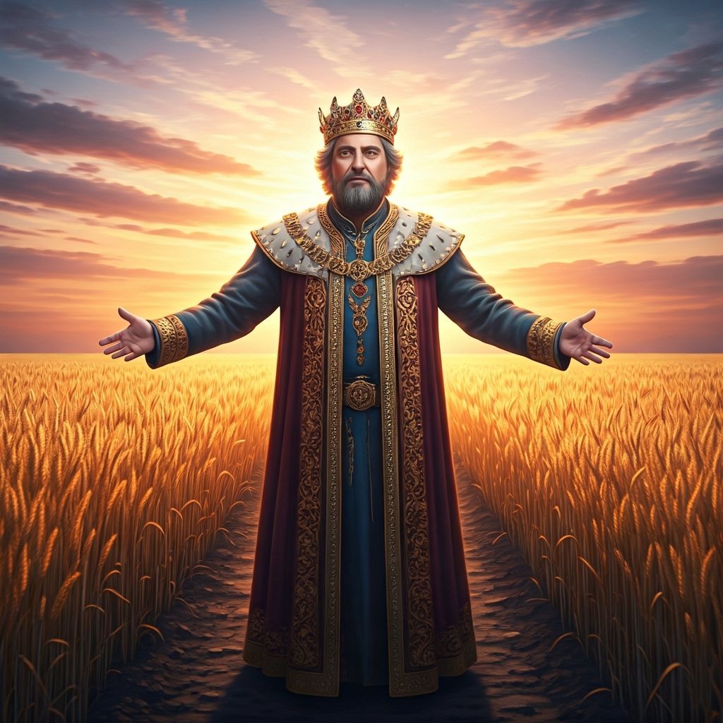 King in Golden Wheat Field at Sunset