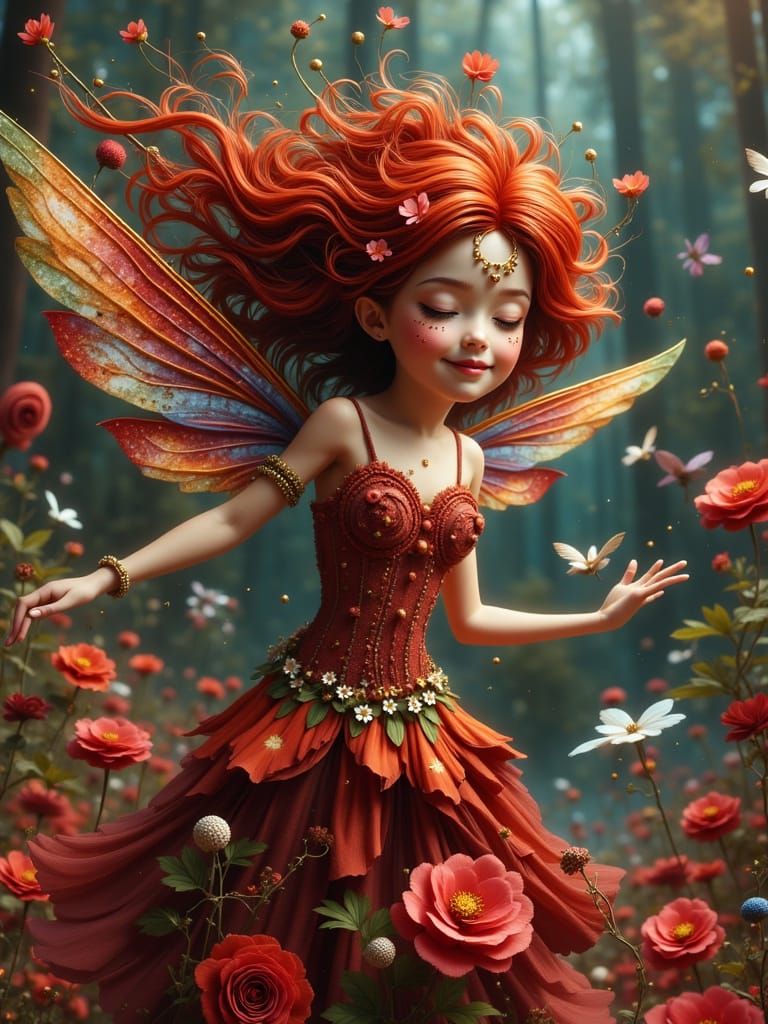 Whimsical Fairy Dances Amidst Vibrant Floral Fantasy