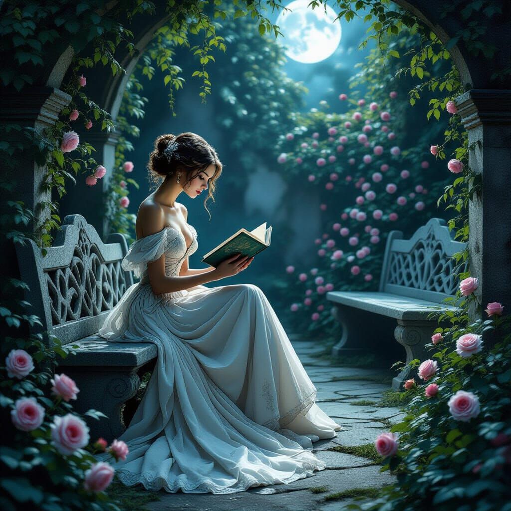 A lone, elegant woman in a flowing, vintage-inspired gown, sits in a secluded, overgrown garden reading ...  by @Luke