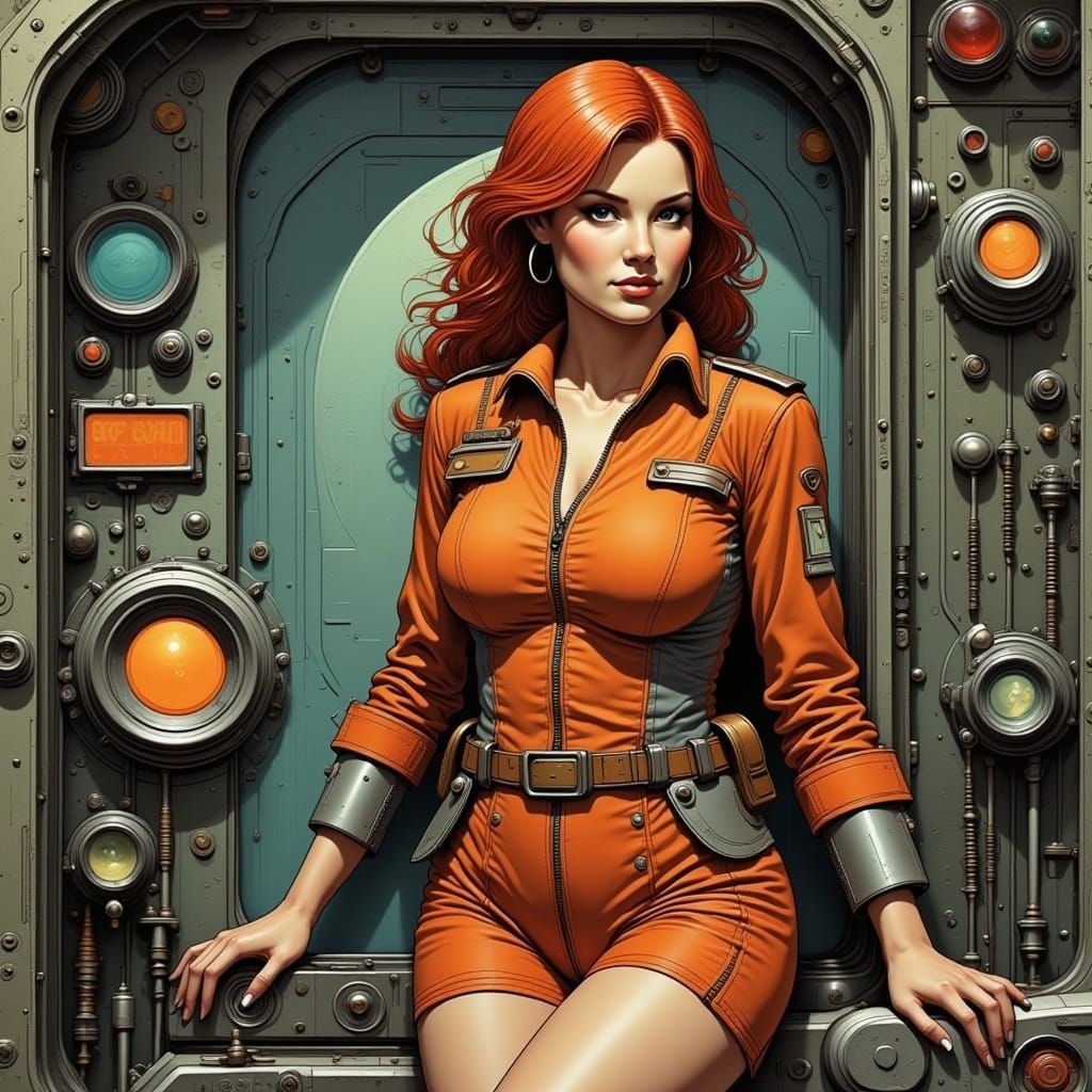 In a space vessel, a beautiful woman engineer wrapped in a one piece skin tight short dress uniform <lora:Nostalgic IosC64 II:1.0> beautiful...