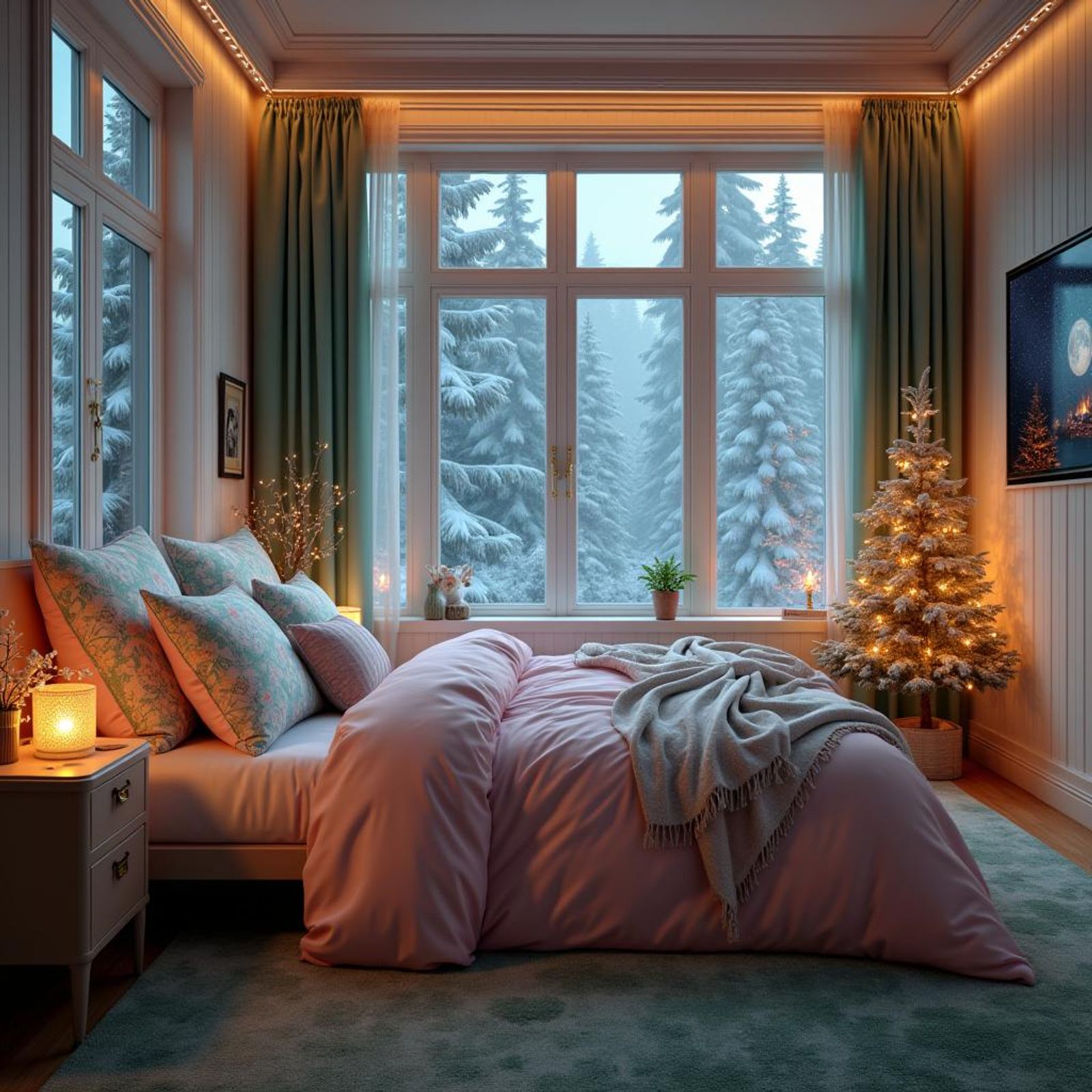 A bedroom with pink covers and Patel green white and pink pillows and