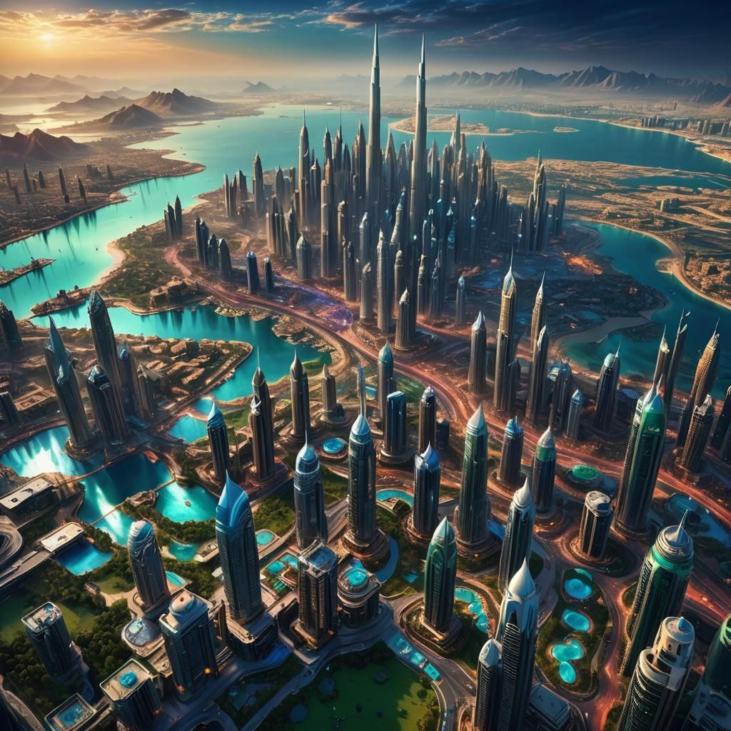 Cyberpunk Cityscape of Dubai on Mountaintop