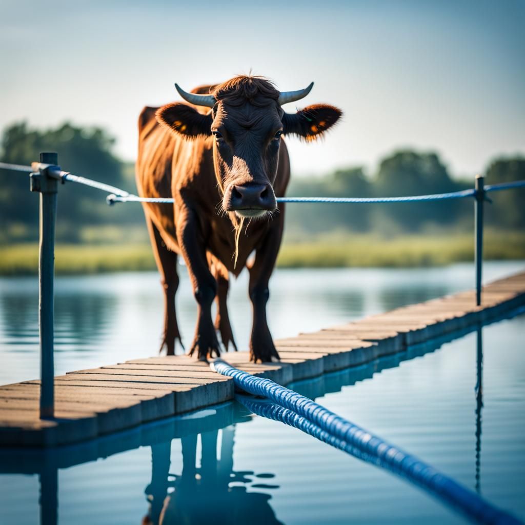 cow walking a tightrope on two legs over a pool of blue alligators AI