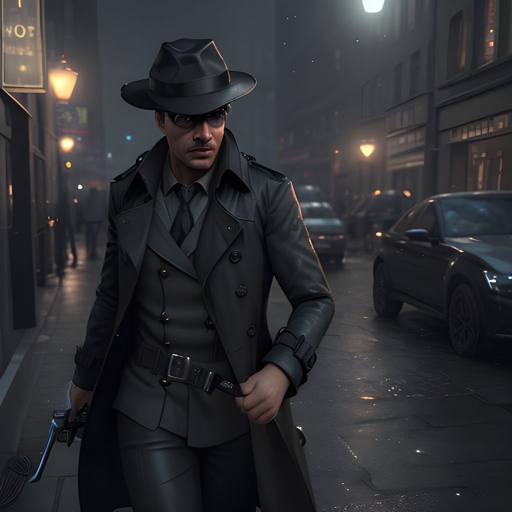 A Detective in the City Following a Clue at Night Wearing a Dark Trench