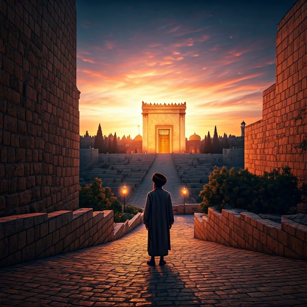 Majestic Temple in Jerusalem at Dusk, Radiant with Golden Li...