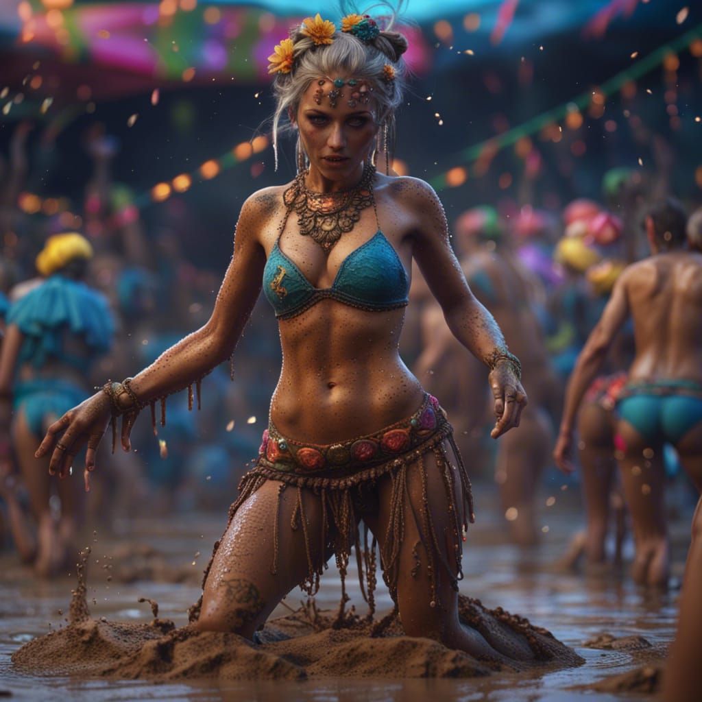 Festival girl dancing in the mud in micro bikini AI Generated