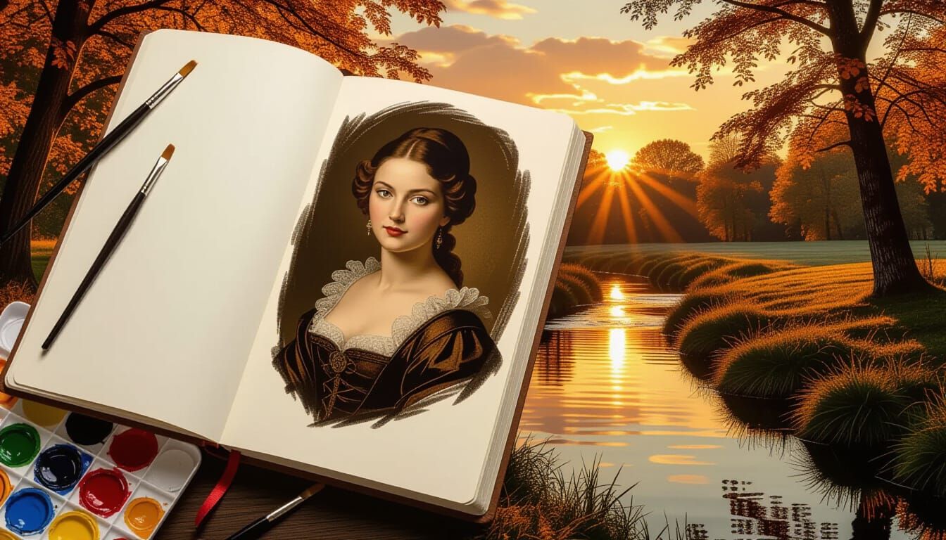 A painter's sketchbook with a portrait of a beautiful woman and an Autumn scene