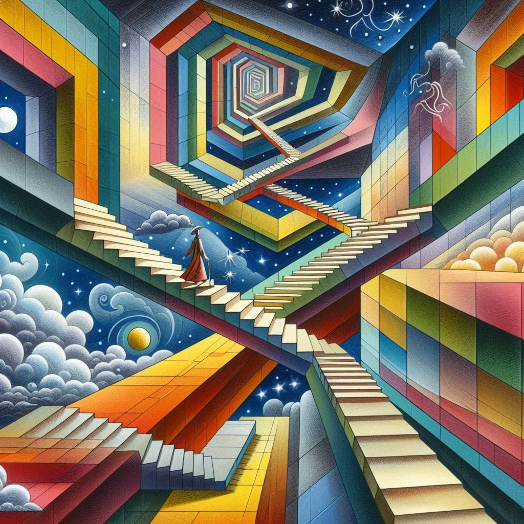 a labyrinthine staircase that climbs towards infinity