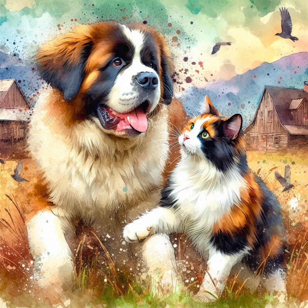 Calico longhair cat and Saint Bernard Dog best friends
