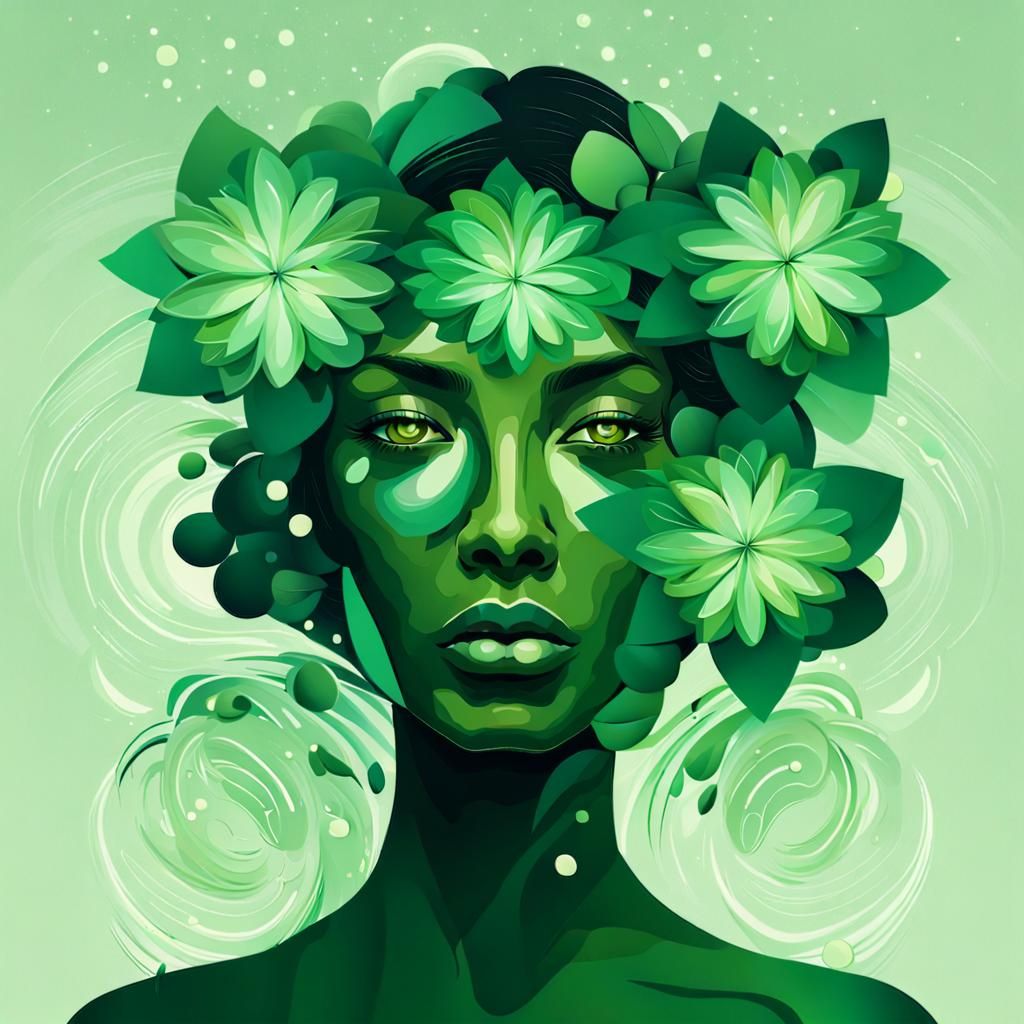 Dark Green Woman with Abstract Floral Eyes