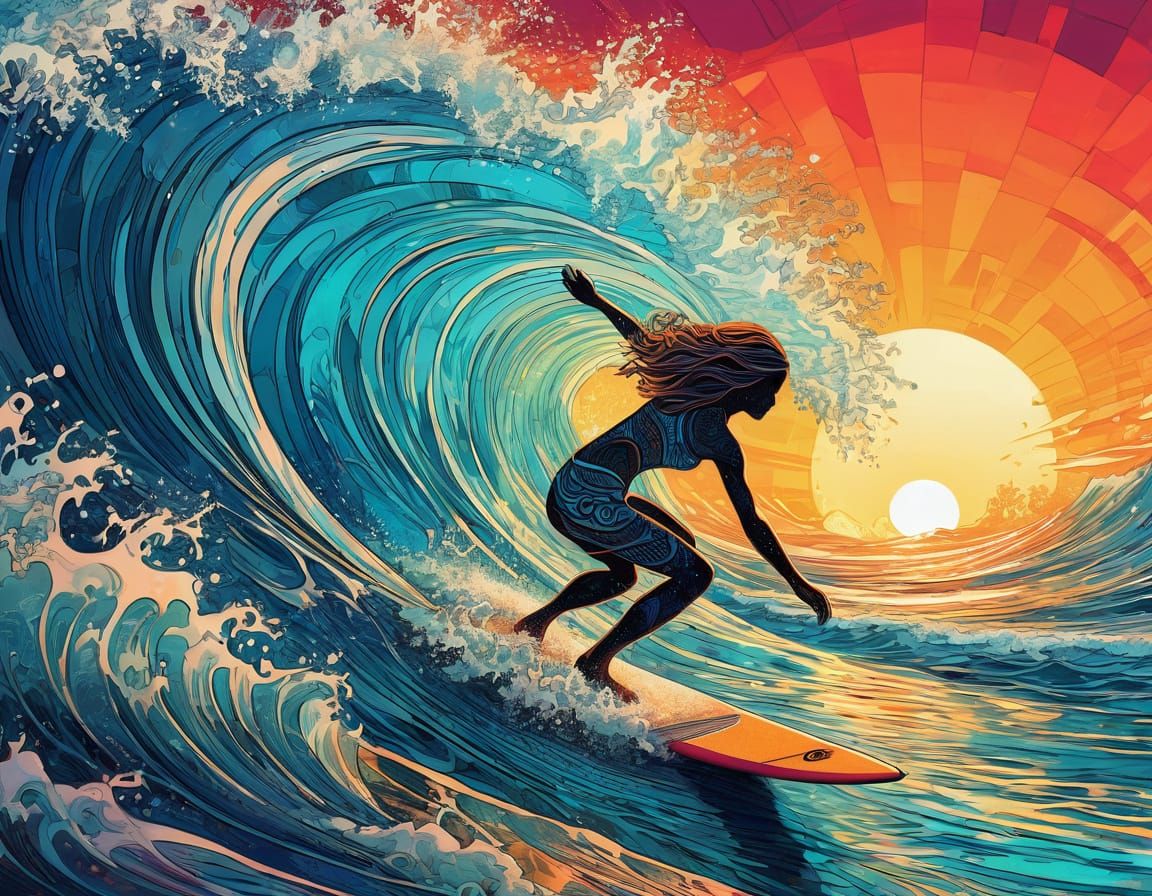 "vibrant, colored pencil illustration   depicts a silhouette of a woman gracefully surfing on ocean waves ...  by @GoingJade