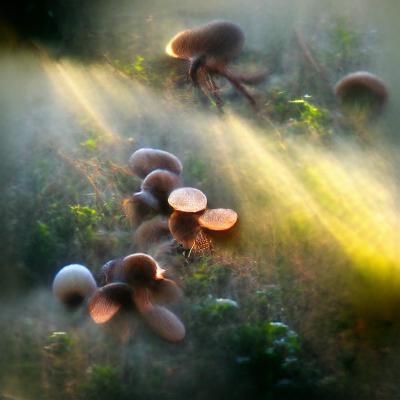 Mushrooms releasing spores under the soft morning light