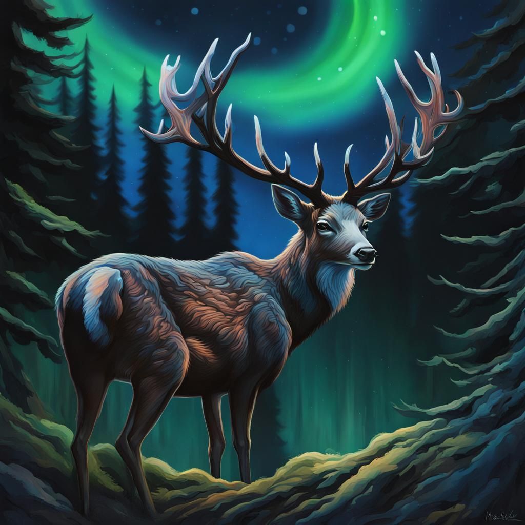 Dark Deer in Forest with Northern Lights Painting