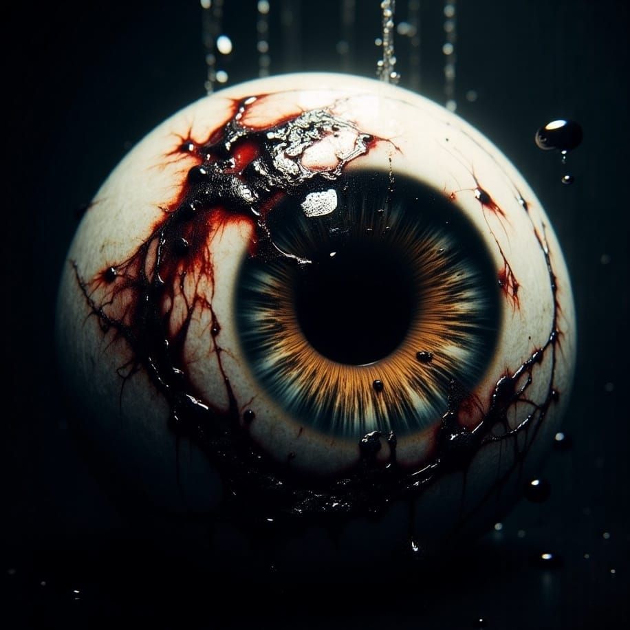 <lora:Morbid:1.0> A highly realistic, large-scale, close-up of a damaged eyeball against an inky black void, with an unsettling, yellowish s...