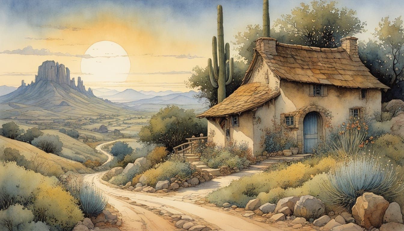 Arizona Night Scene in Storybook Illustration Style