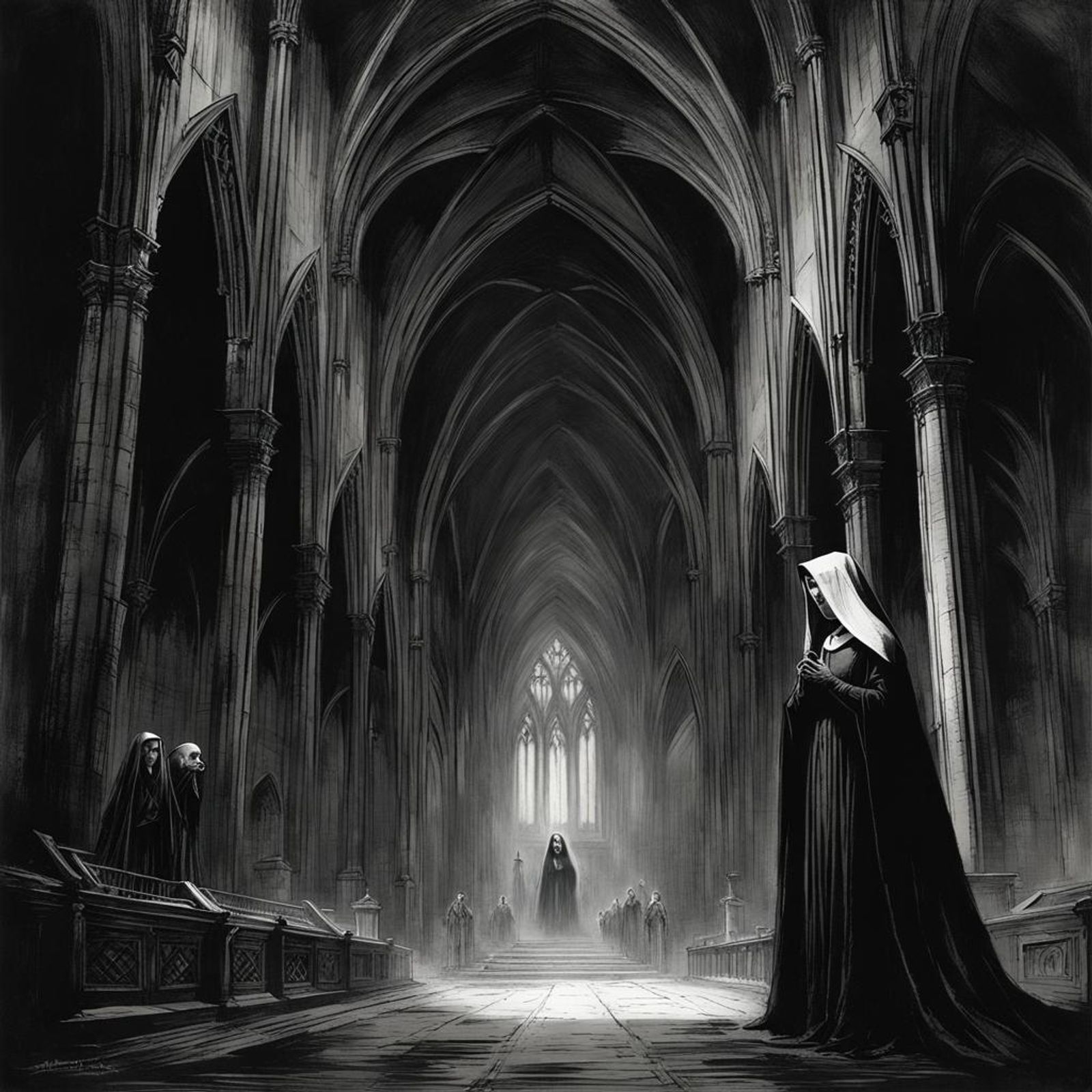 VAMPIRE nun, sinister GOTHIC cathedral, atmospheric HORROR, pencil ...