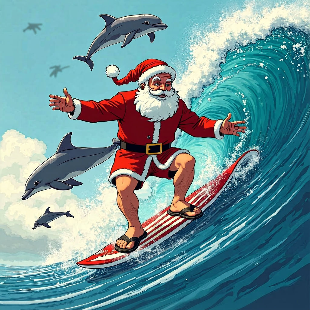 Comic style Santa in shorts and flip flops surfing a big wave chased by dolphins 