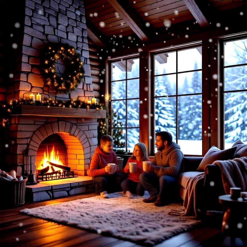 Warm inside cabin with snowfall outside