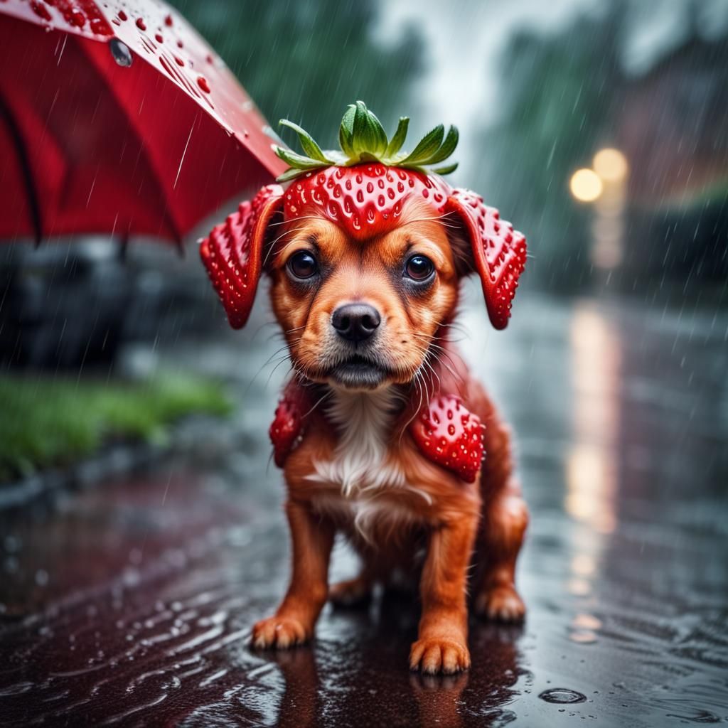  little adorable strawberry dog in rain 