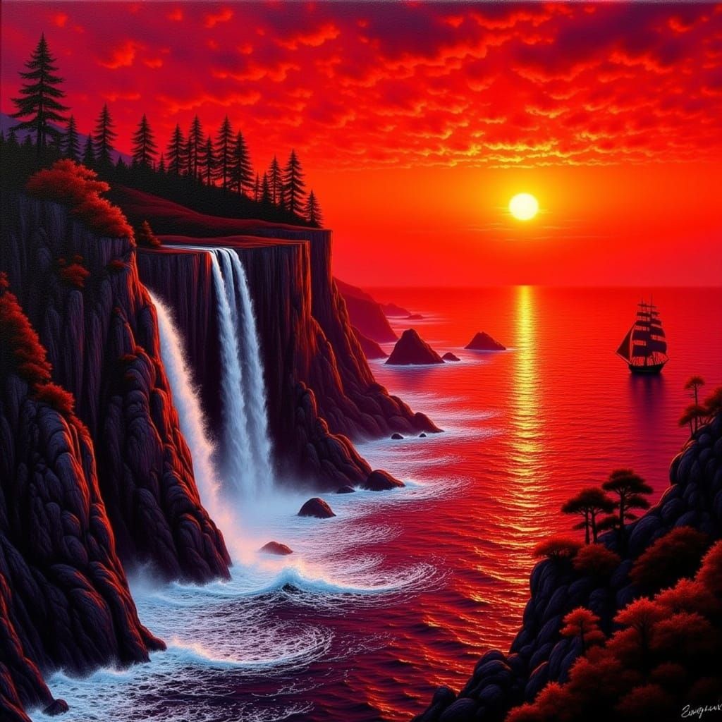 <lora:Autumn Colors:1.0> Acrylic painting, entirely in various shades of crimson, a dramatic  Asian influenced style, Japanese coastal lands...