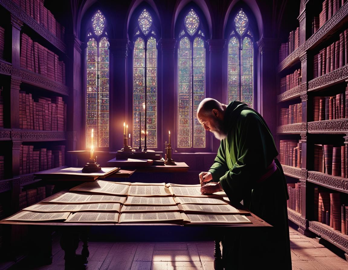 Scholar doing research in medieval scriptorium   by @Retro Art Factory