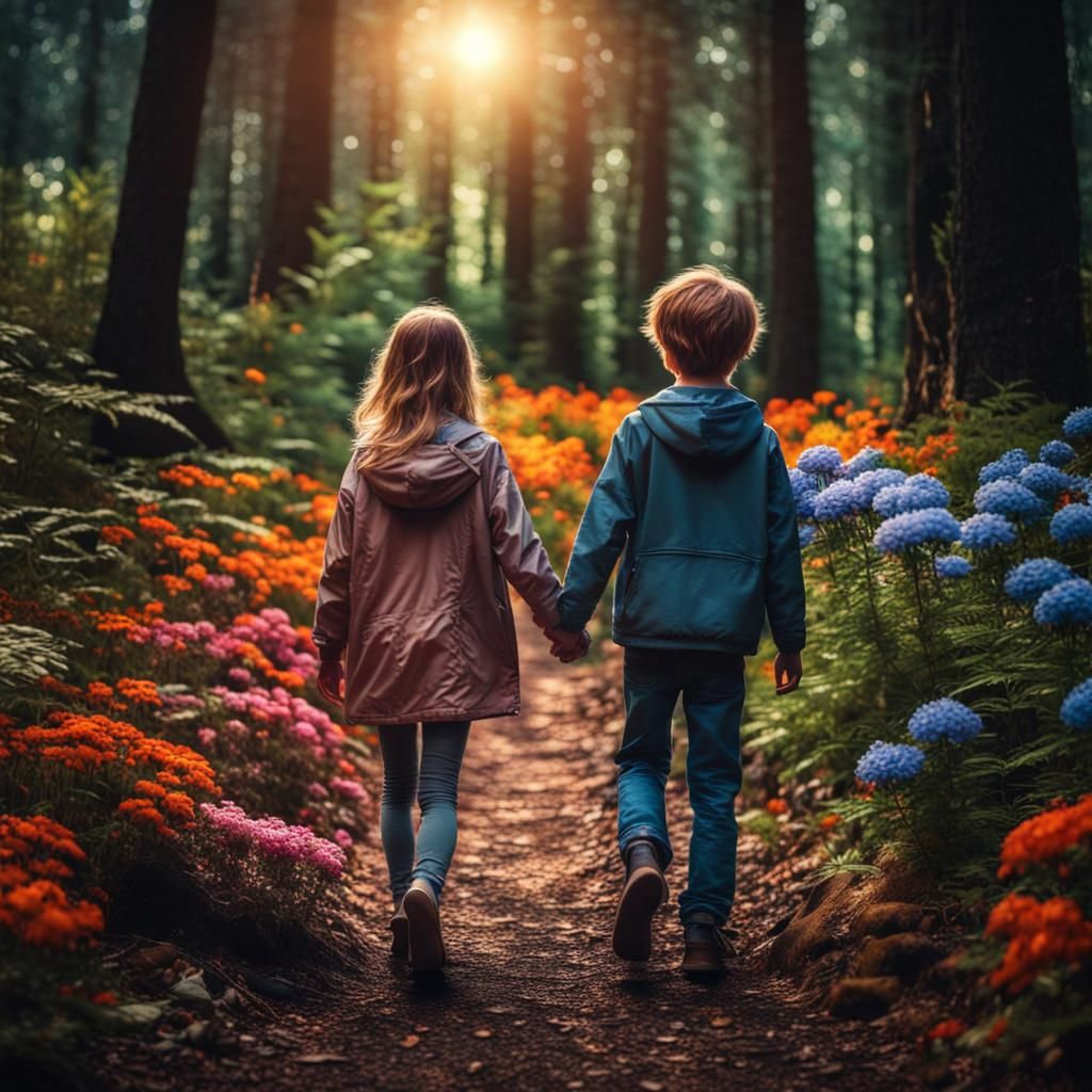 Brother and sister wander through a dense forest seeing from...