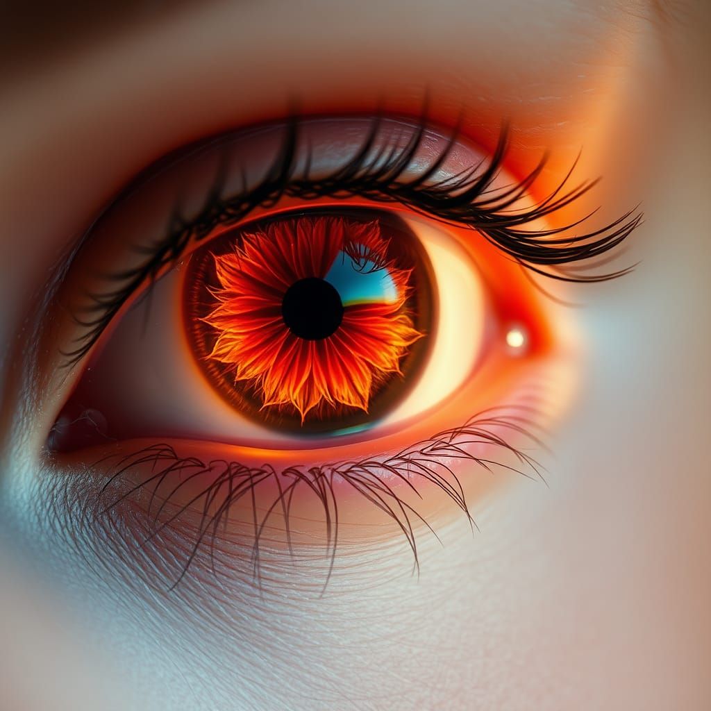 Close up of an eye the iris is a red-orange sunflower   by @Michelle