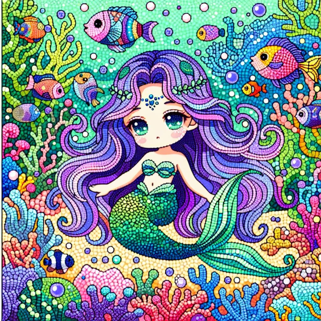 in Tinga tinga style, Beautiful small chibi mermaid with sea-green ...