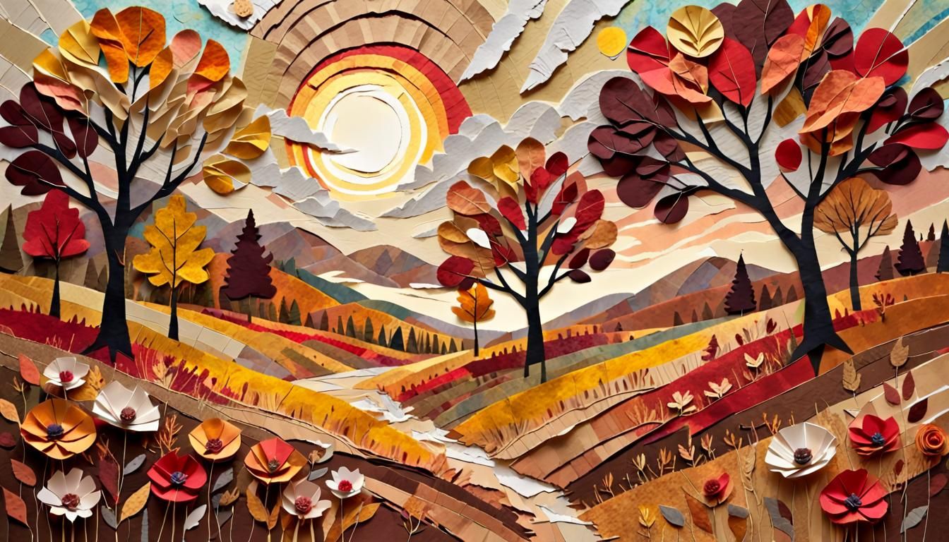 A whimsical impressionist torn paper collage landscape of a autumn meadow with rough paper trees and ...  by @Mr Classics