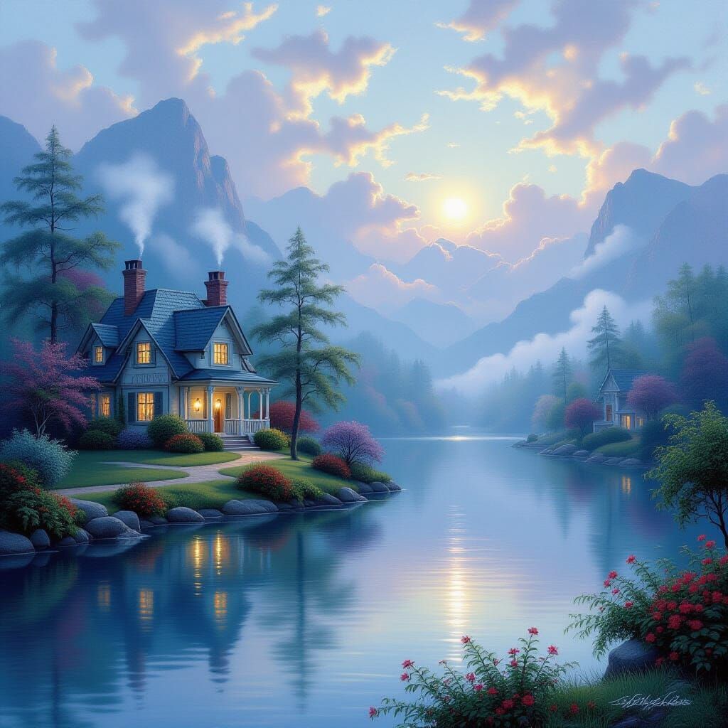 Ethereal Fantasy Mist Landscape in Thomas Kinkade Style
