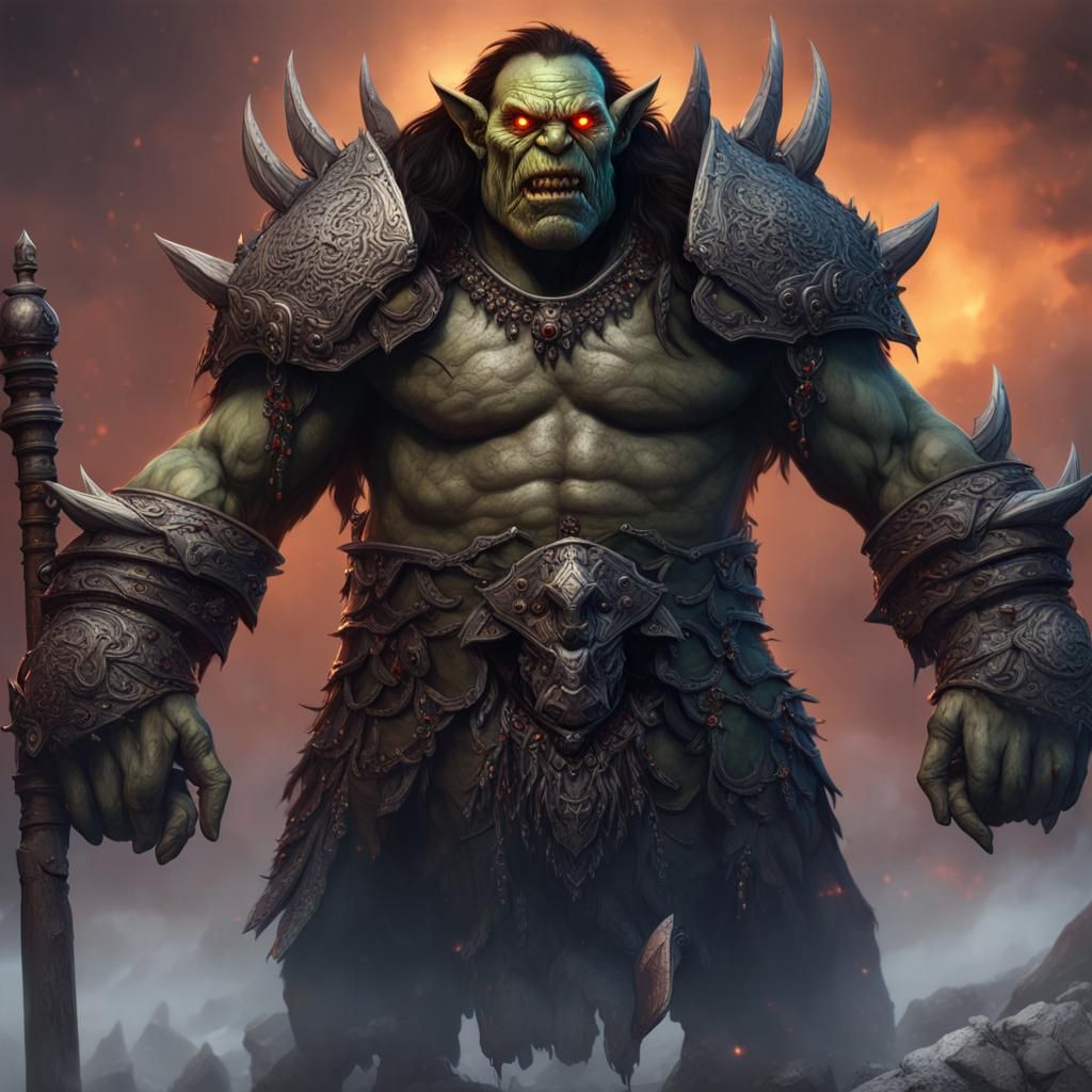 D&D orc war chief warrior chainmail gray tusks glowing eyes
