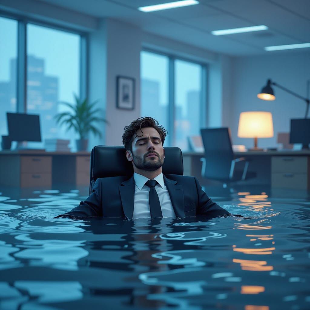 Man Drowning in Flooded Office: Futuristic Art