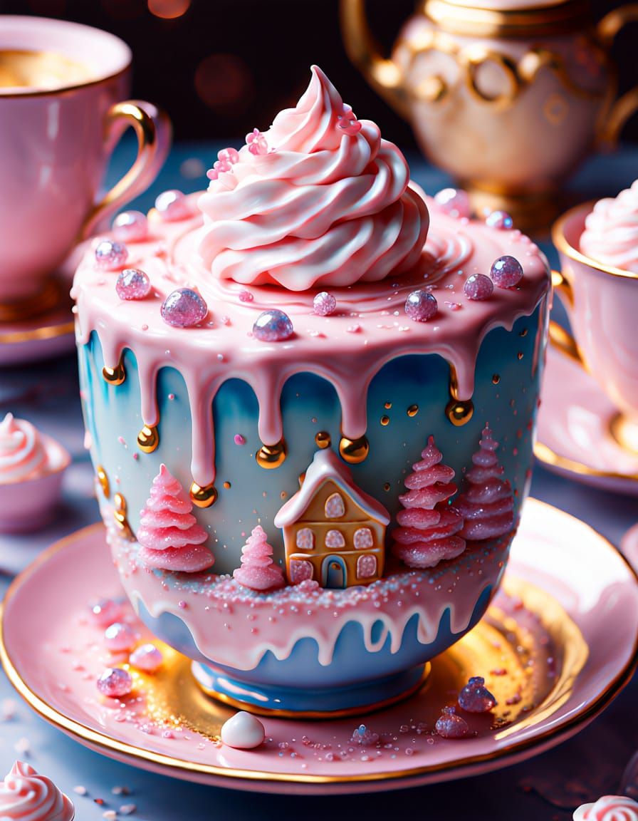 an unusual, very appetizing cake covered with glossy glaze micro-world, magical pink city, soft pink ...  by @SaraM