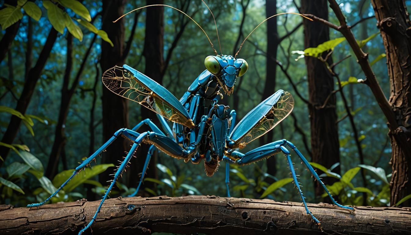 A cybernetic praying mantis perched gracefully on an oak bra...