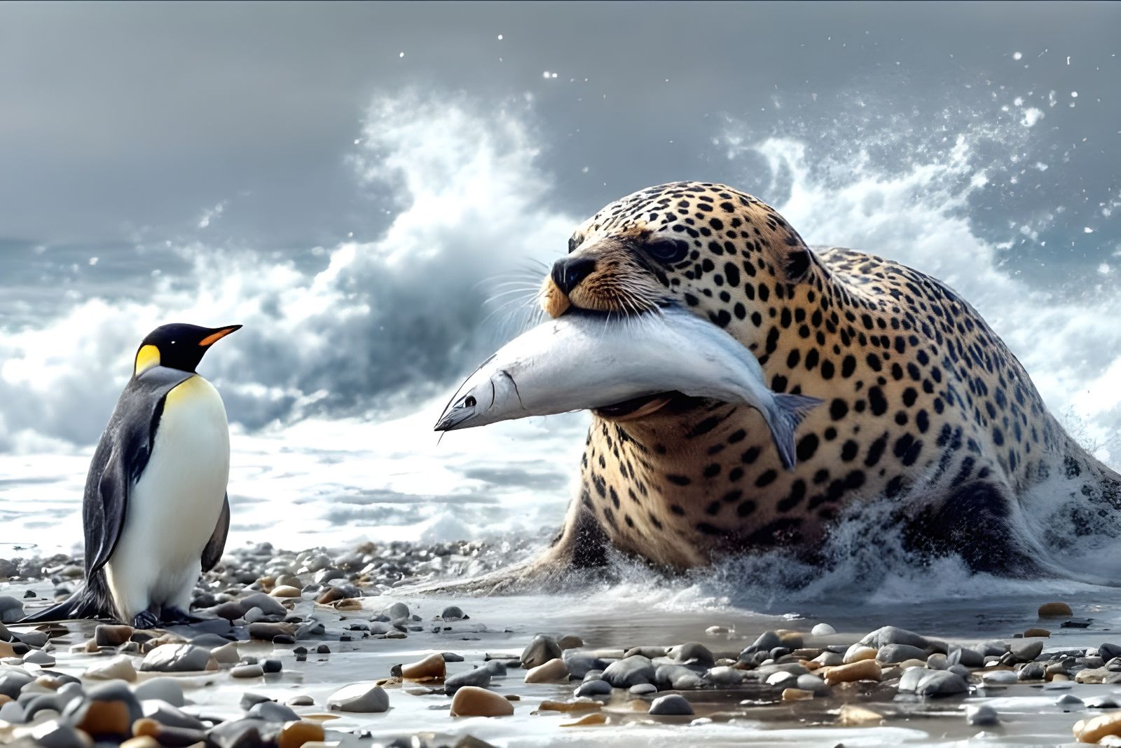 Leopard seal  sharing a fish with a penguin  by @Gary Murakami