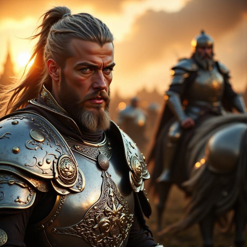 Medieval Knight and Warhorse on Battlefield at Sunset