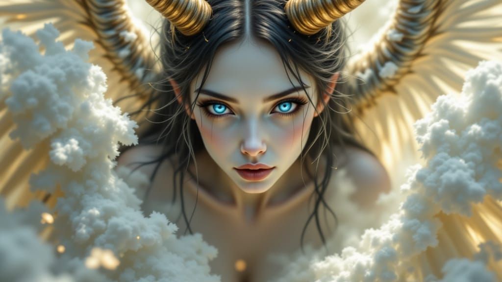 <lora:X-rayed:1.0> <lora:Fallen Angels:1.0> A close-up of a beautiful fallen angel, blue eyes, her luminous skin radiating in dramatic natur...