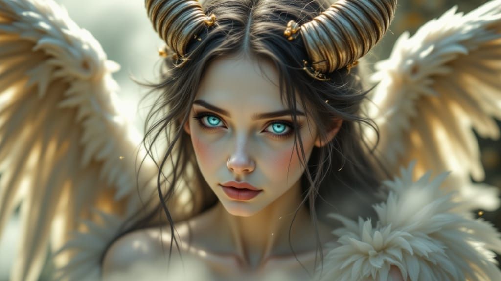 <lora:X-rayed:1.0> <lora:Fallen Angels:1.0> A close-up of a beautiful fallen angel, blue eyes, her luminous skin radiating in dramatic natur...
