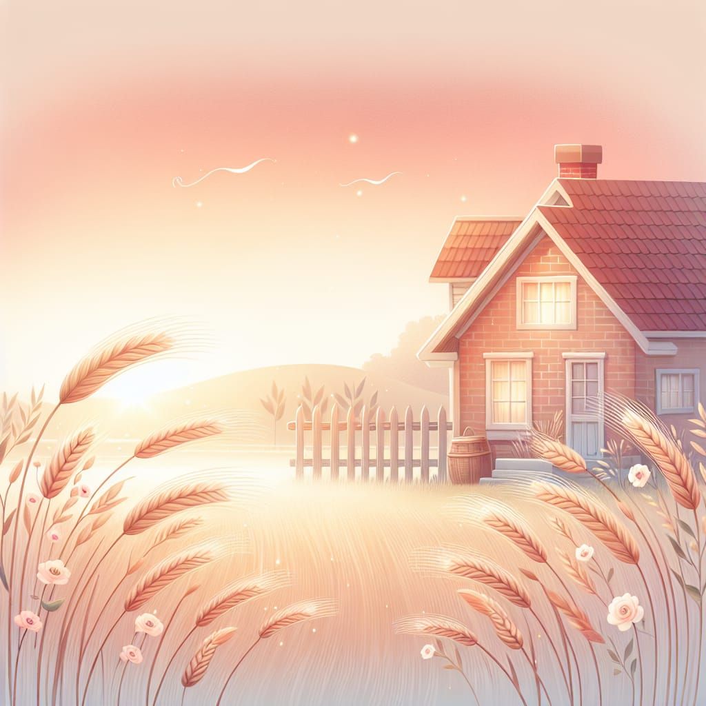 Rustic Countryside Home at Sunset with Wheat Field