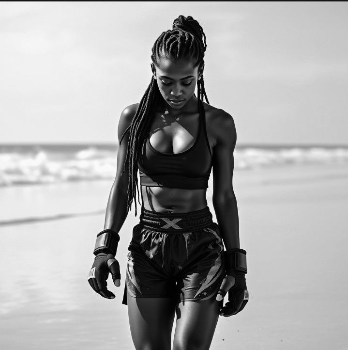 BLACK FEMALE MMA FIGHTER WITH BRAIDED HAIR WEARING A BLACK A...