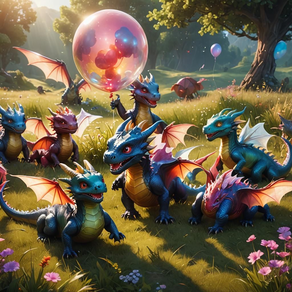 Adorable Dragons Play with Balloon in Sunny Meadow