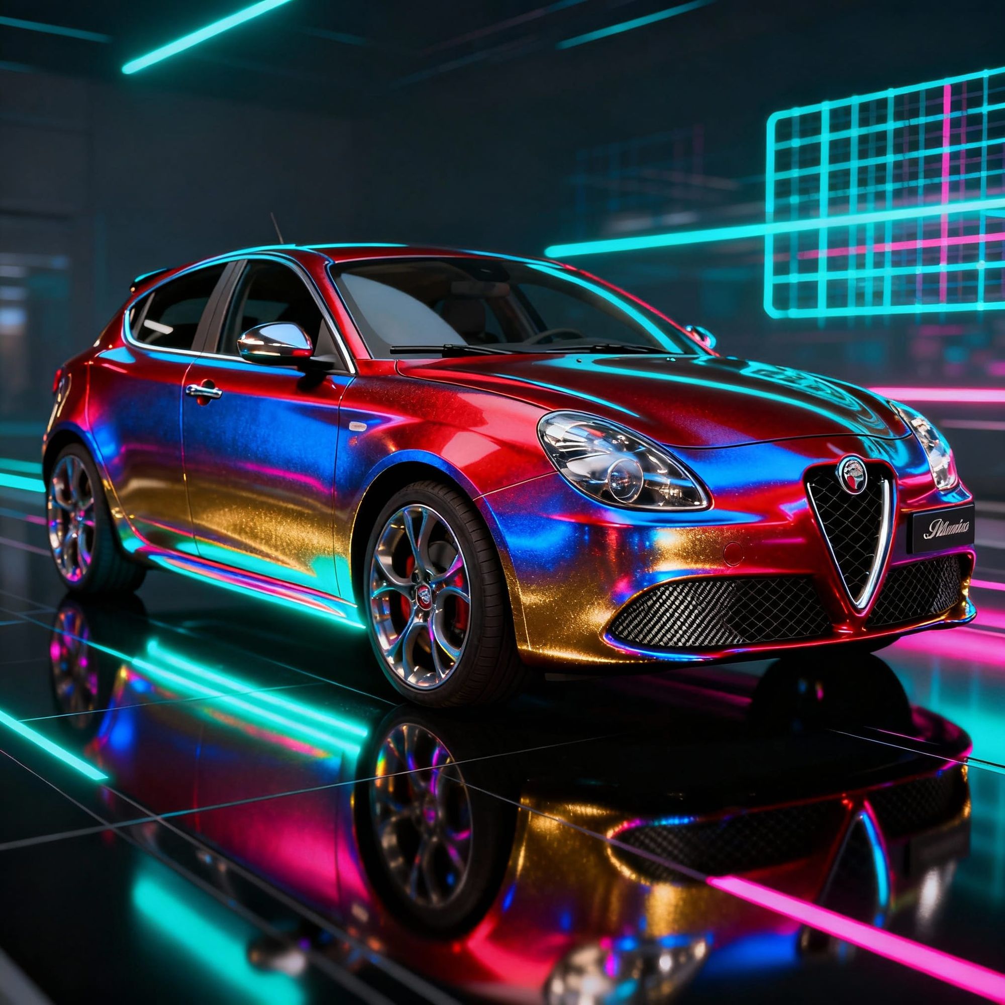 A colourful ray traced style image of an alfa romeo giuliette