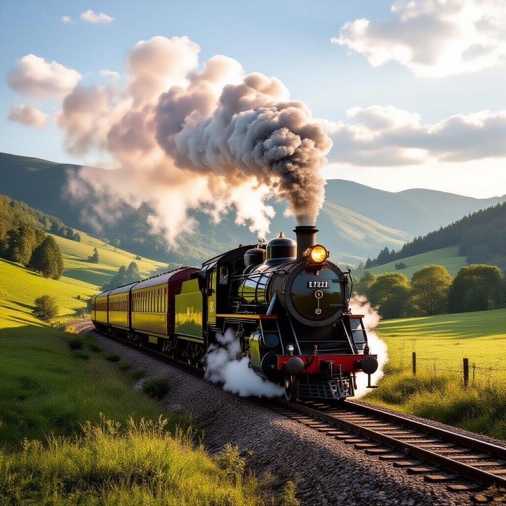Old Steam Train in Lush Valley at Golden Hour
