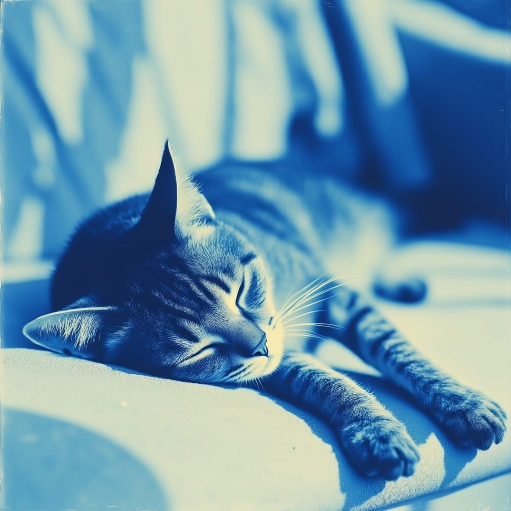 <lora:cyanotypeLike:1.5>cyanotype, blue, a shy lovely cat sleeping on a sofa, glitched artistic photography, soothing, sweet