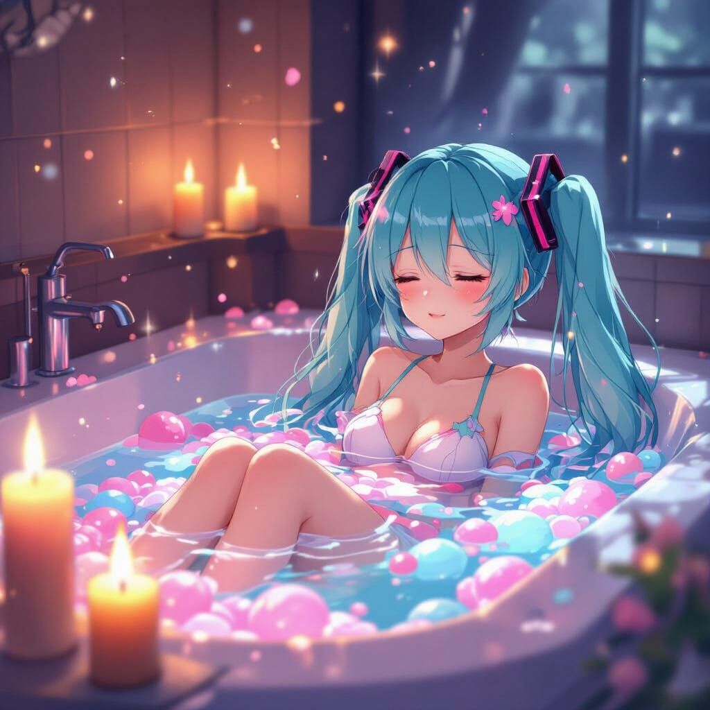 Hatsune Miku Bath Scene in Vibrant Anime Style