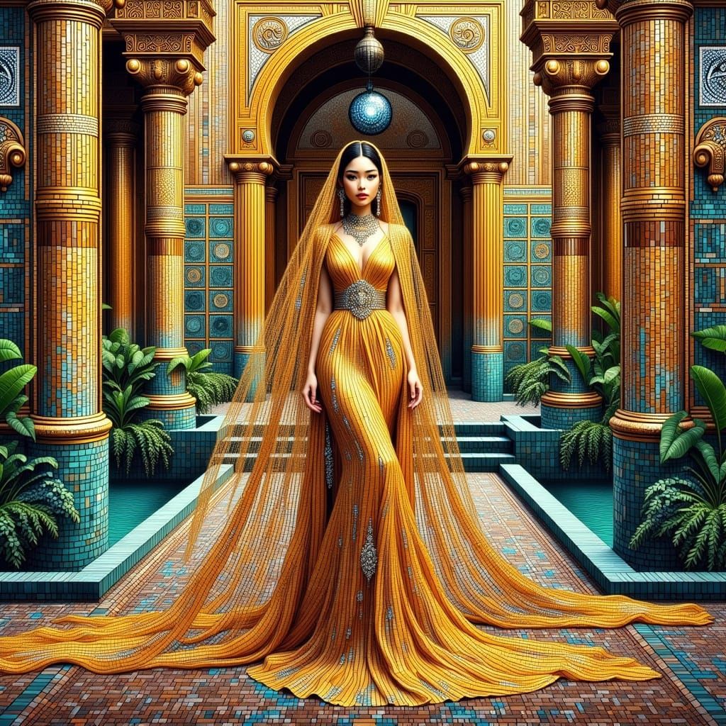 <lora:MOSAIC IN BEAUTY:1.0> A regal Persian goddess draped in a flowing silk-chiffon hijab that shimmers like liquid moonlight, every fold c...