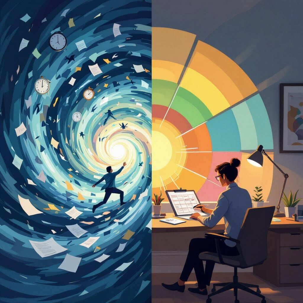 For one person managing multiple schedules, process of taming chaos in time management from left to right. On the left examples of being pul...