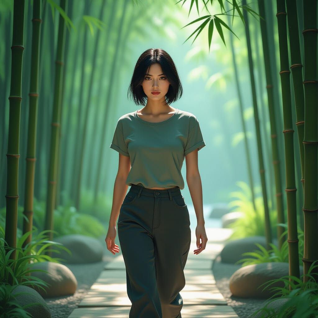 Futuristic Thai Woman in Bamboo Garden