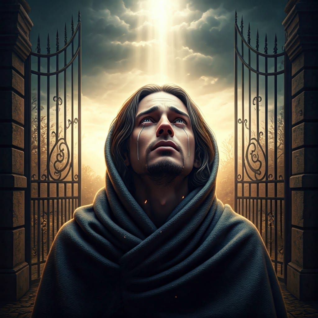 Man Contemplates Fate Beyond Ancient Gate